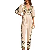 SweatyRocks Women's Boho Floral Print Puff Sleeve V Neck Jumpsuit Summer Vacation Outfits