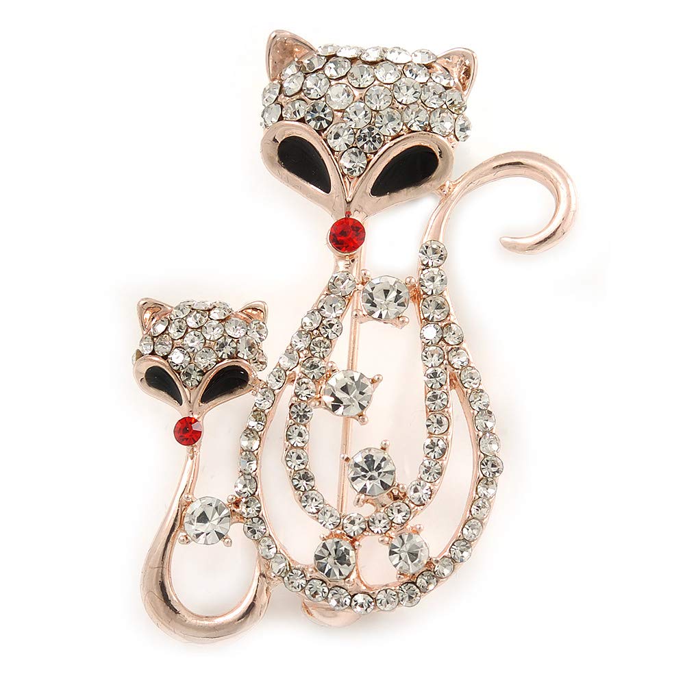 Beautiful Fox Family Crystal Brooch In Rose Gold Metal - 50mm L