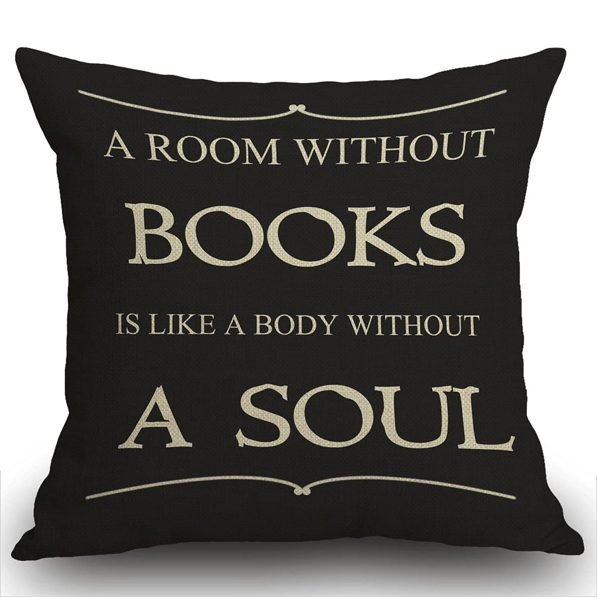 Smooffly Book Lover Book Club A Room Without Books is Like A Body Without A Soul Cotton Linen Decorative Cushion Cover Throw Pillow Case Square 18X18 Inch