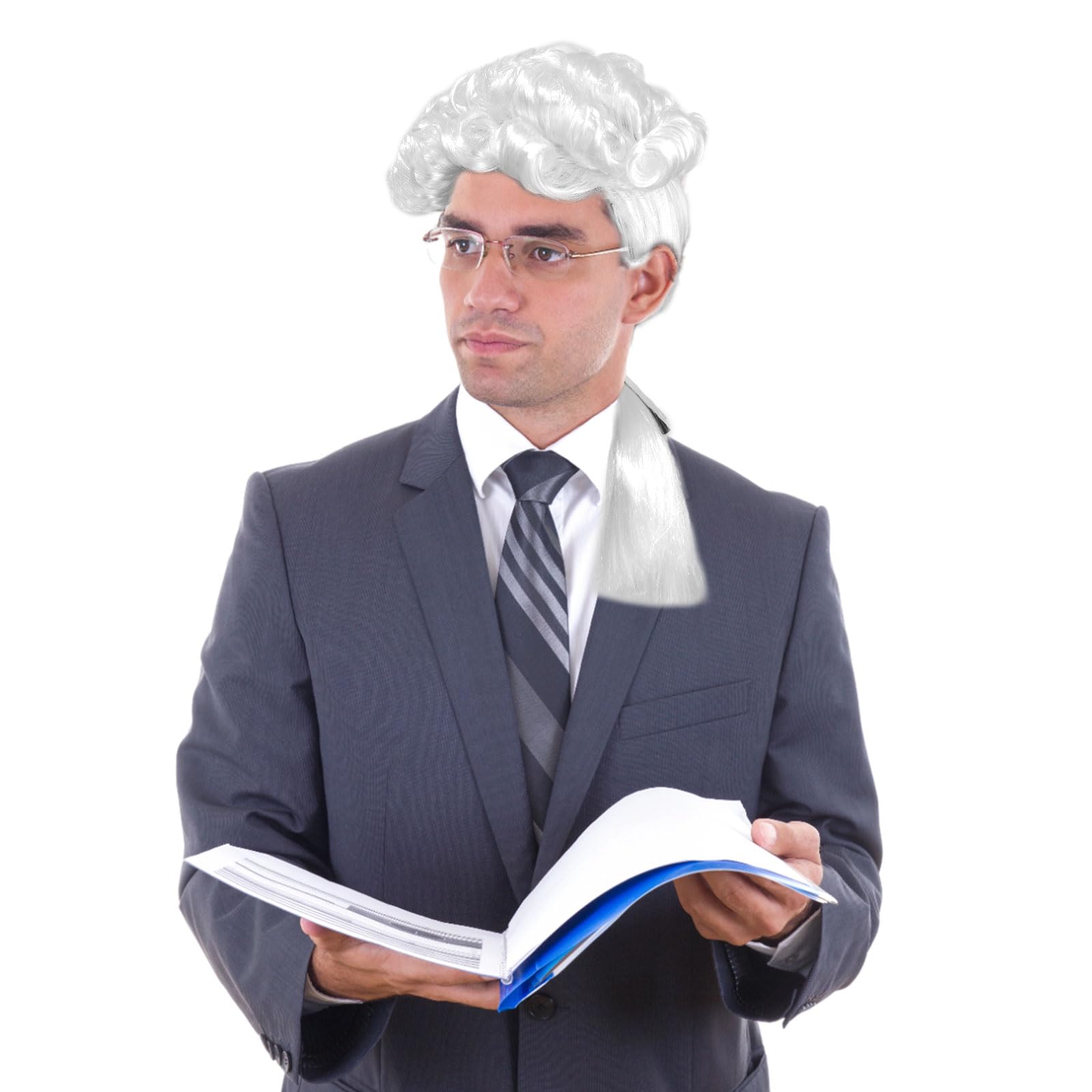 UILYNIU Judge Costume Wig - George Washington Colonial Politician Synthetic Wavy Wig for Halloween Fancy Dress Cosplay Role Play (White)