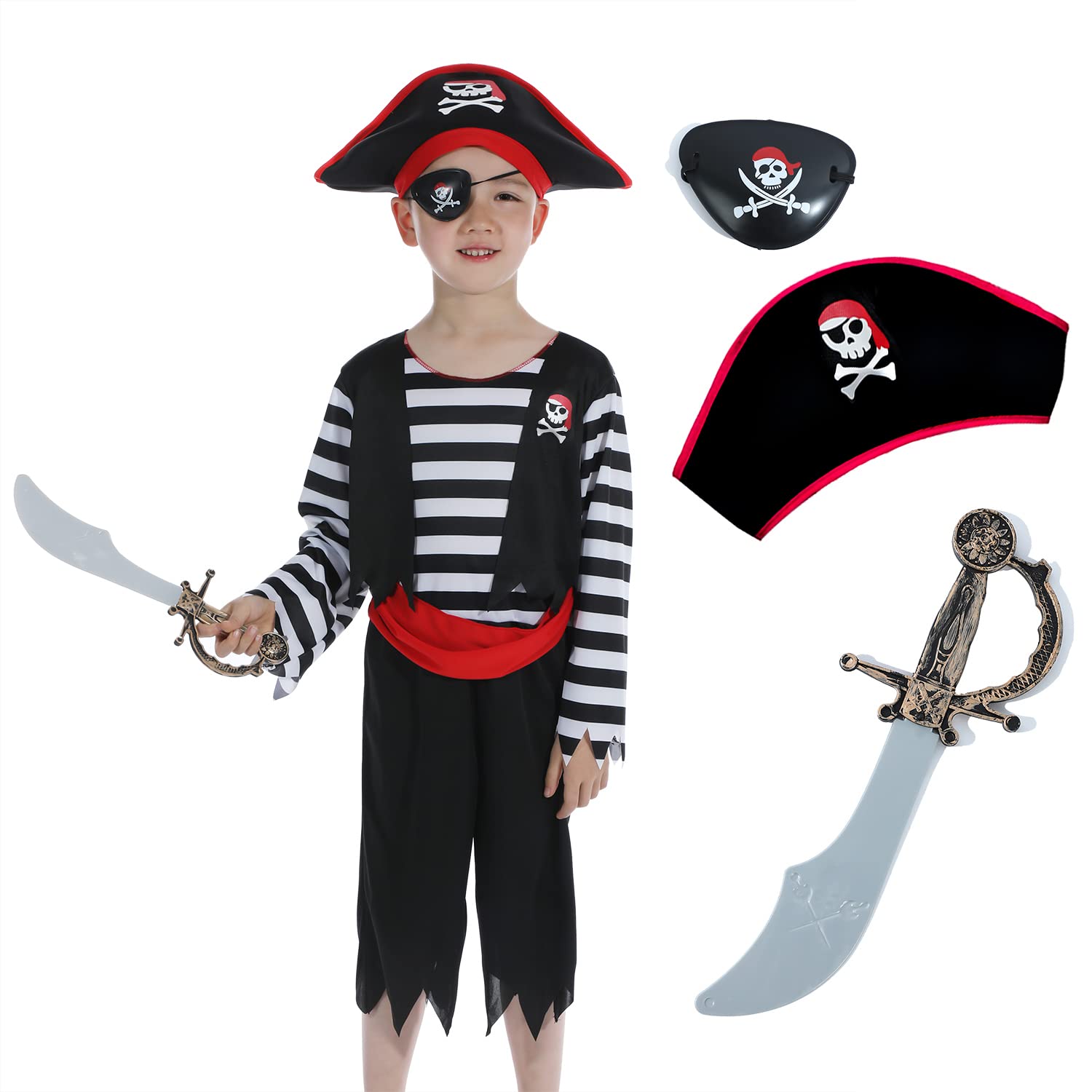 Sincere Party Children's Pirate Costume with Hat,Sword,Eyepatch for Unisex Kids 6-8years