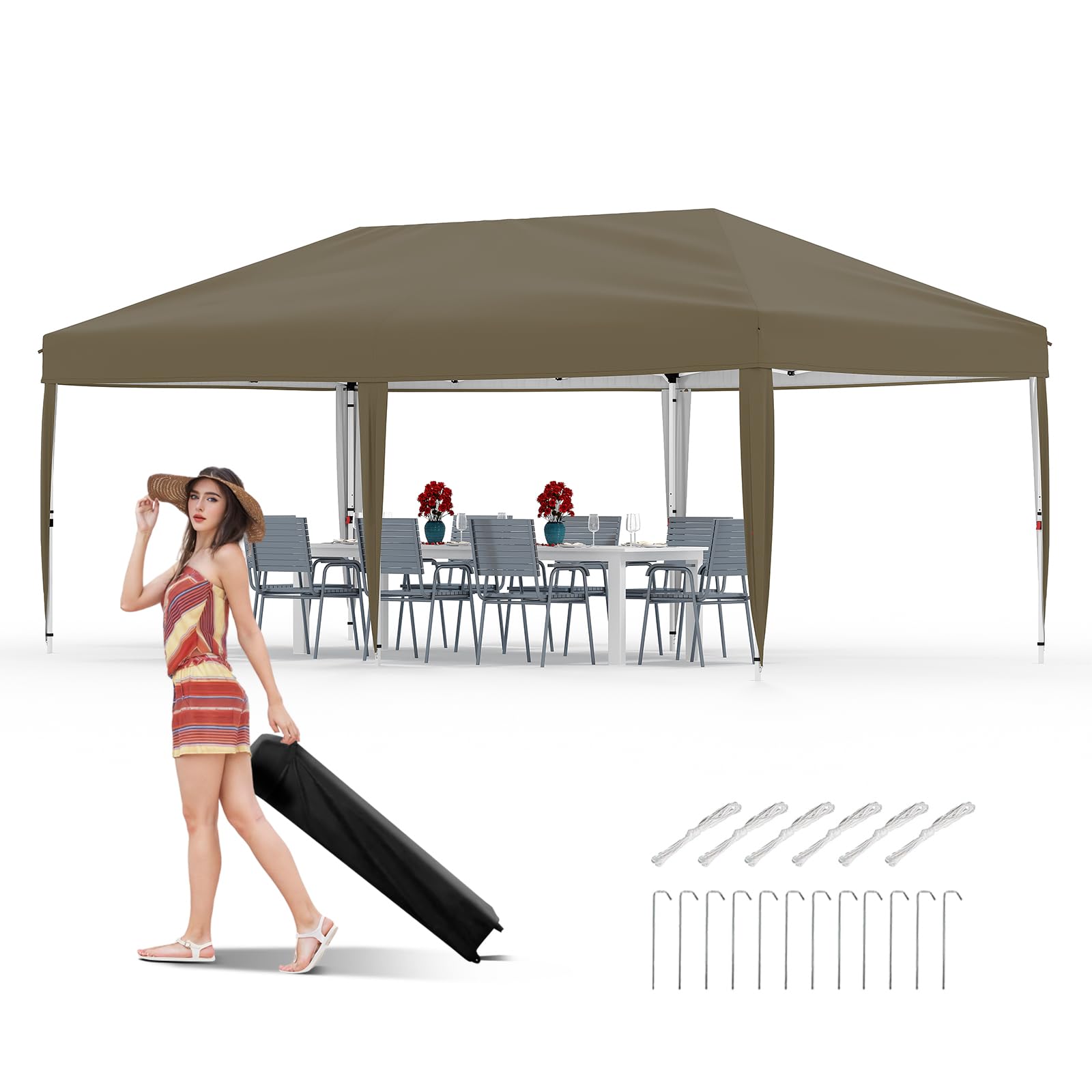 Photo 1 of 10x20 Pop Up Canopy - Easy Up Camping Tent with One Roller Bag, 3 Adjustable Height, 4 Weight Bags for Deck, Garden, Sports, Beach, Party - Tan