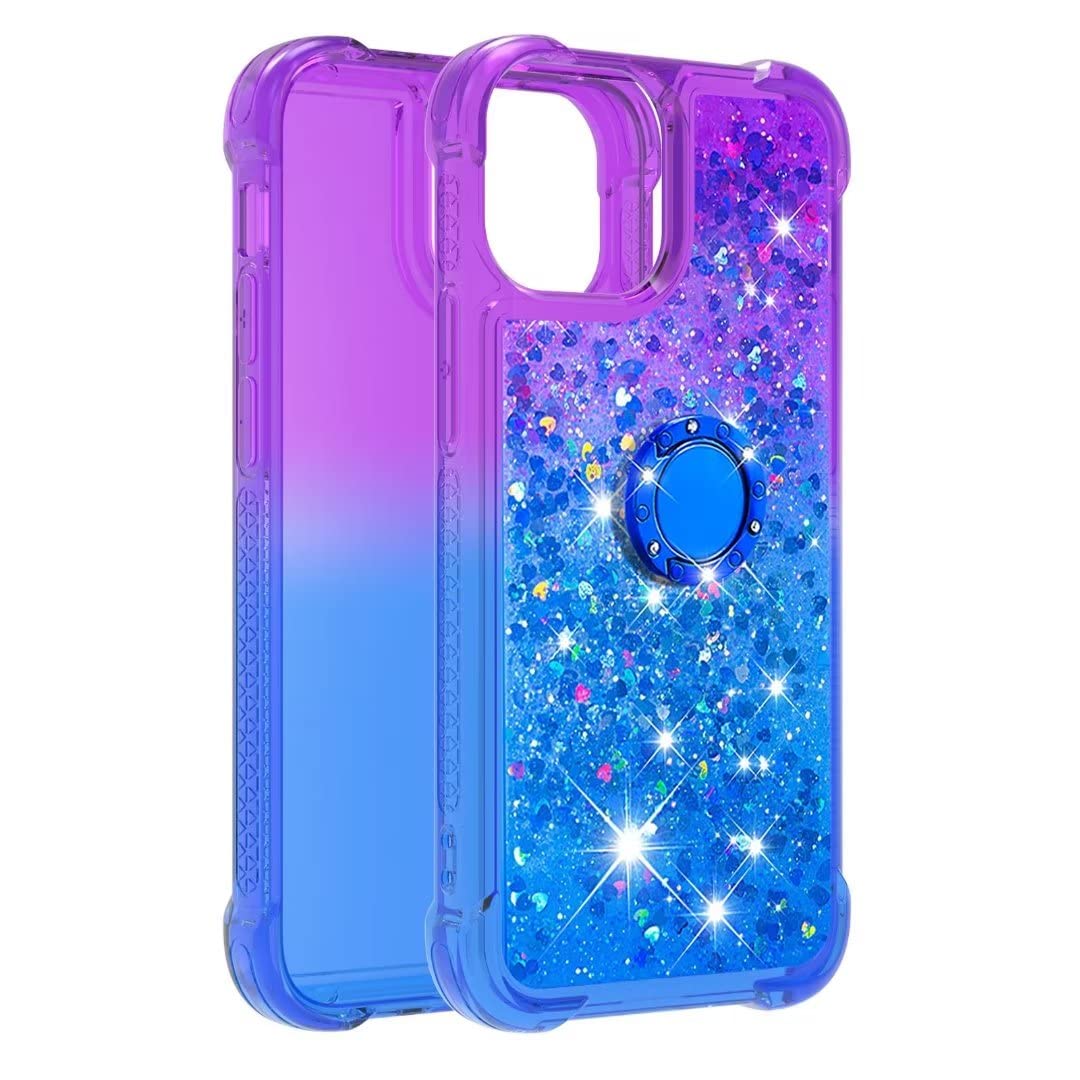 Lvnarery For iPhone 13 Pro Max Case with Ring Holder Kickstand Clear Funny Glitter Sparkly Crystal Quicksand Cute Silicone Soft TPU Bumper Air-Cushion Drop Resistant Cover,Purple Blue