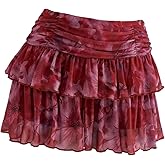GORGLITTER Women's Ruffle Flowy Floral Mini Skirt Y2k Mesh High Waisted Layered Skirts with Shorts Underneath