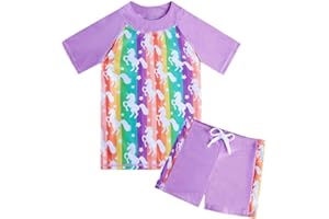 AIDEAONE 3-10 Years Girls UPF 50+ Rash Guard Set Short Sleeve Two Piece Swimsuit Bathing Suit Beach Swimwear