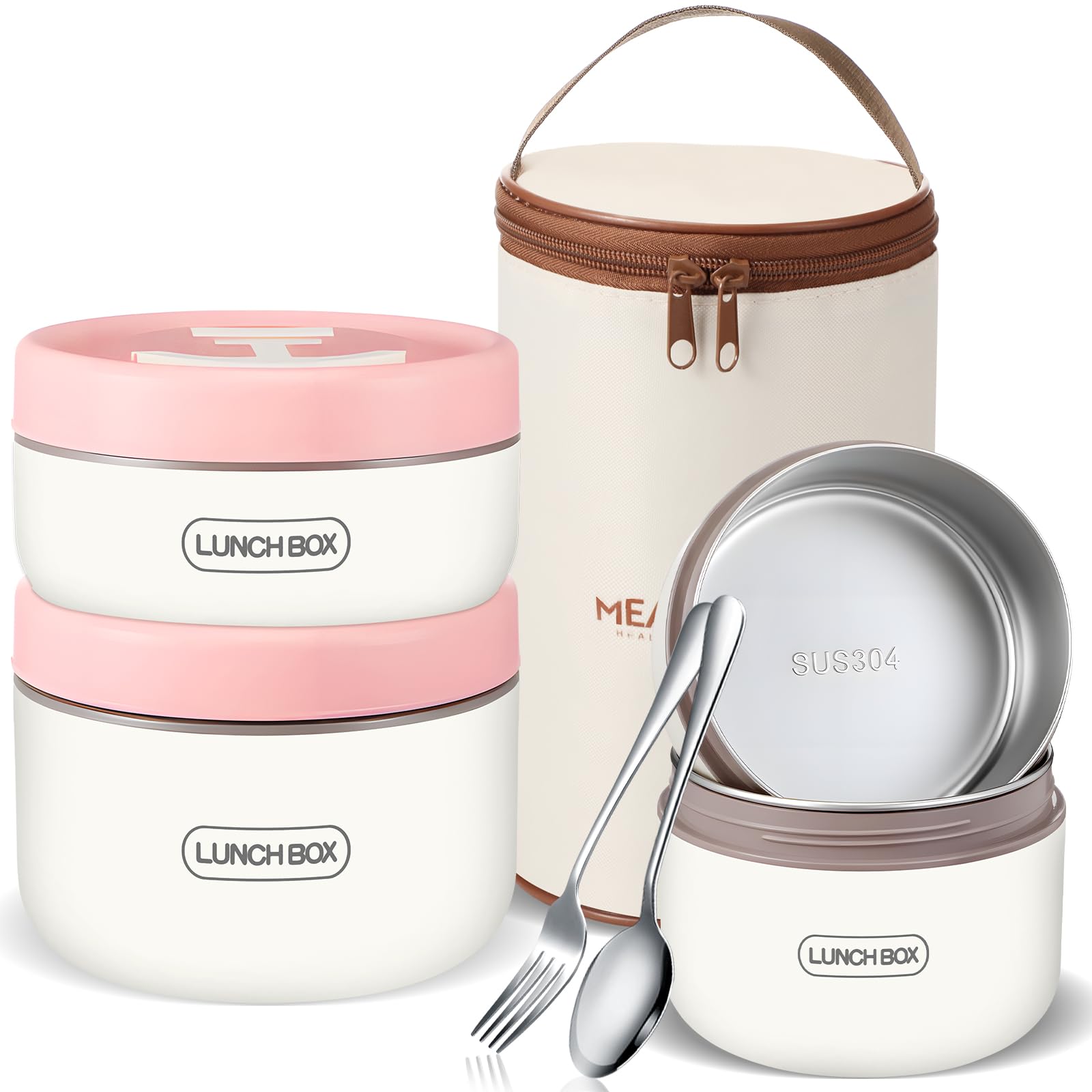 Photo 1 of Dandat 3 Pcs Portable Insulated Lunch Container Set for Adult, Stackable Stainless Steel Bento Box for Hot Food with Insulated Lunch Bag Unisex 3 Separate Thermal Food Container (Pink)