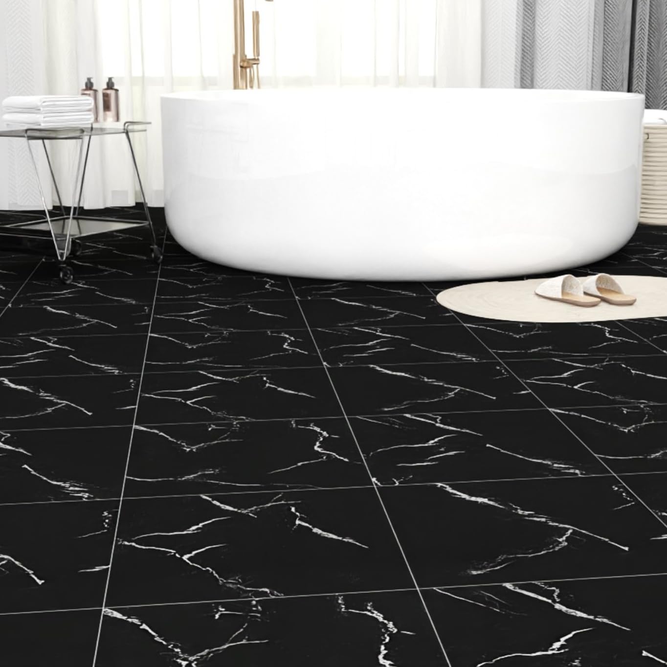 Photo 1 of 10-Pack Peel and Stick Floor Tiles Vinyl Floor 12 x 12 inch Self Adhesive Waterproof Flooring Planks DIY for Bathroom, Kitchen, Living Room, RV, Cover 10 Sq. Ft, Black Vein Marble