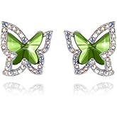 GEMMANCE Valentine's Day Gift For Women Butterfly Crystal Stud Earrings with Premium Birthstone, Silver-Tone