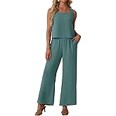 Lepunuo Women Summer 2 Piece Sets Square Neck Sleeveless Crop Tops Wide Leg Pants Matching Sets Travel Vacation Outfits