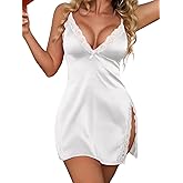 Rigeri Sexy Lingerie Dress for Women Silk Nightgown with Side Slit Babydoll Chemise Sexy Sleepwear S-XXL