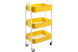 AGTEK Makeup Cart, Movable Rolling Organizer Cart,3 Tier Metal Utility Cart, White-Yellow