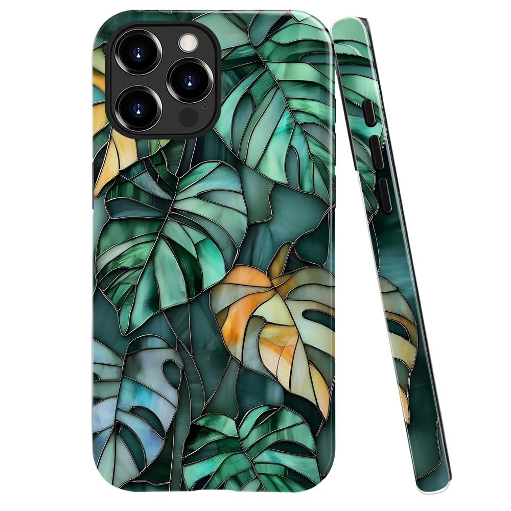 Generic Case for iPhone 13 Pro - Slim Fit Anti-Scratch Phone Case for Girl Women - Stained Glass Leafs Minimalist (Glossy)