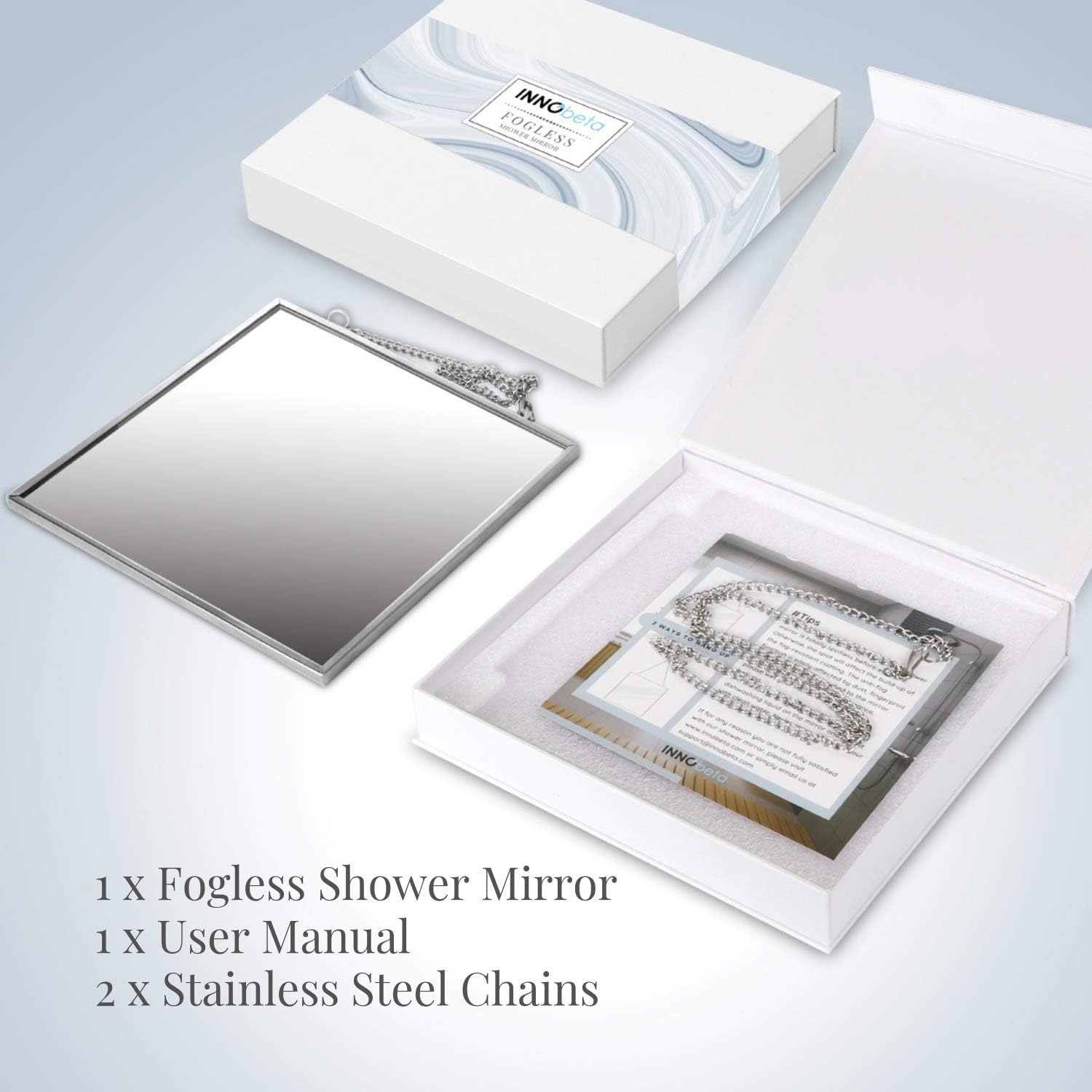 InnoBeta Fogless Shower Mirror for Shaving & Facial Cleansing, Anti-Fog Shower Mirror with Larger Size (6.7” x 6.7”), Easy to Use, Shatterproof Glass, Stainless Steel Frame, 2 Chains Included: Kitchen & Dining