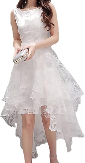 Amazon ザデイアンドスノウ Theday Snow ドレス 白 ワンピース 花柄 パーティー 結婚式 二次会 フォーマル レース フレアー スカート アシンメトリー シフォン フリル ノースリーブ オーガンジー エレガント セクシー 演奏会 発表会 レディース L イブニング