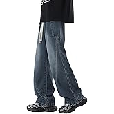 Men's Elastic Waist Baggy Jeans Y2K Wide Leg Loose Fit Denim Pants Hip Hop Skater Jeans with Multiple Pockets