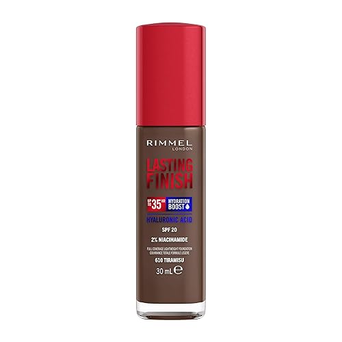 Rimmel Lasting Finish 35Hr Foundation 610 Tiramisu, Full Coverage, Hydrating, SPF20, Hyaluronic Acid, Vitamin E, 2% Niacinamide, All Day Wear, Vegan, Cruelty Free