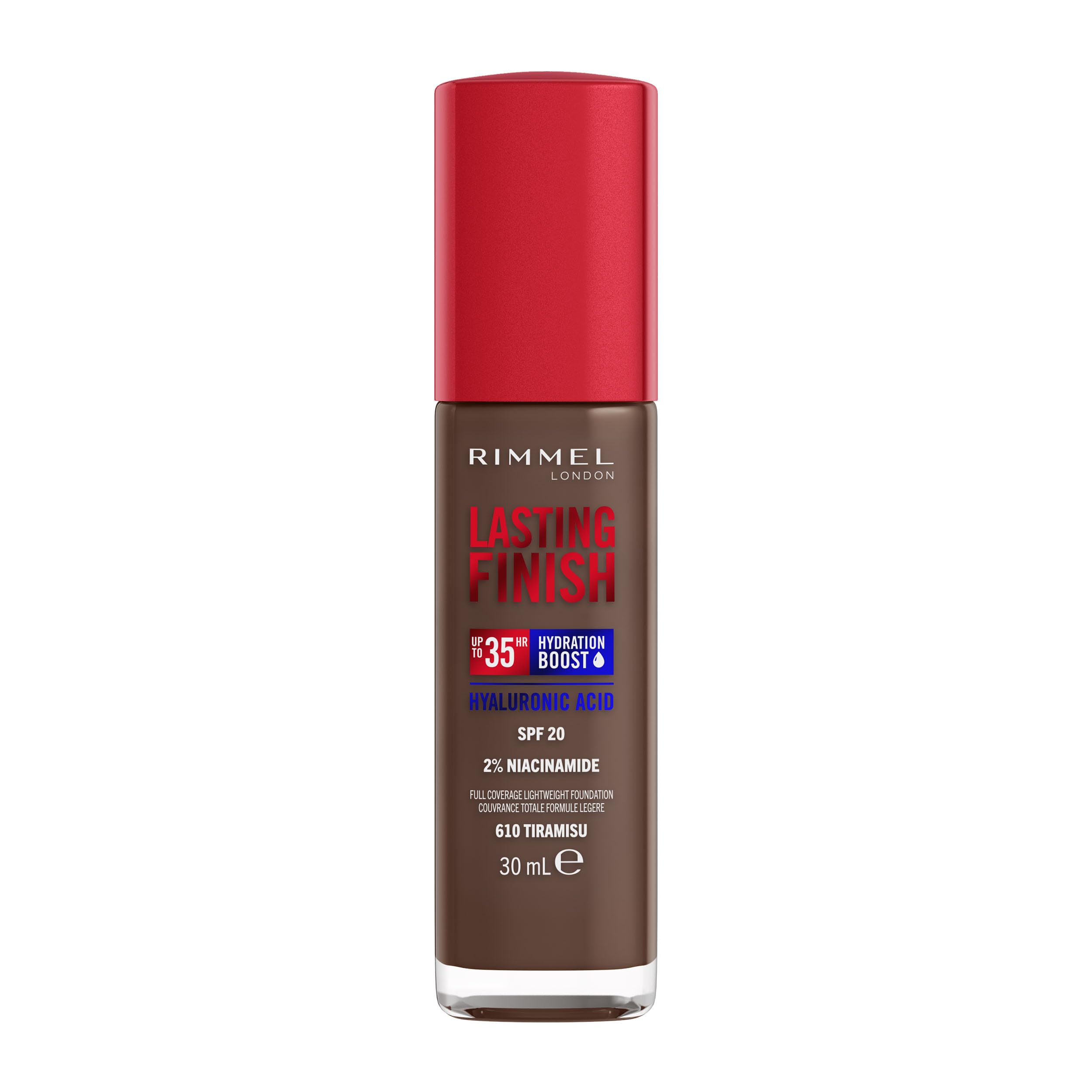 Rimmel Lasting Finish 35Hr Foundation 610 Tiramisu, Full Coverage, Hydrating, SPF20, Hyaluronic Acid, Vitamin E, 2% Niacinamide, All Day Wear, Vegan, Cruelty Free