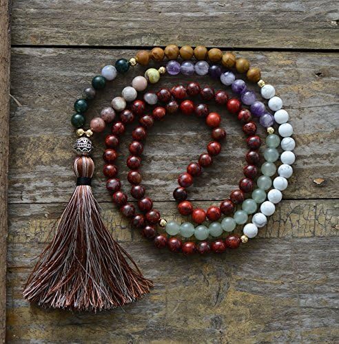 7 Chakra Mala Beaded Necklace in Natural Stones w/Light Brown Tone Tassel