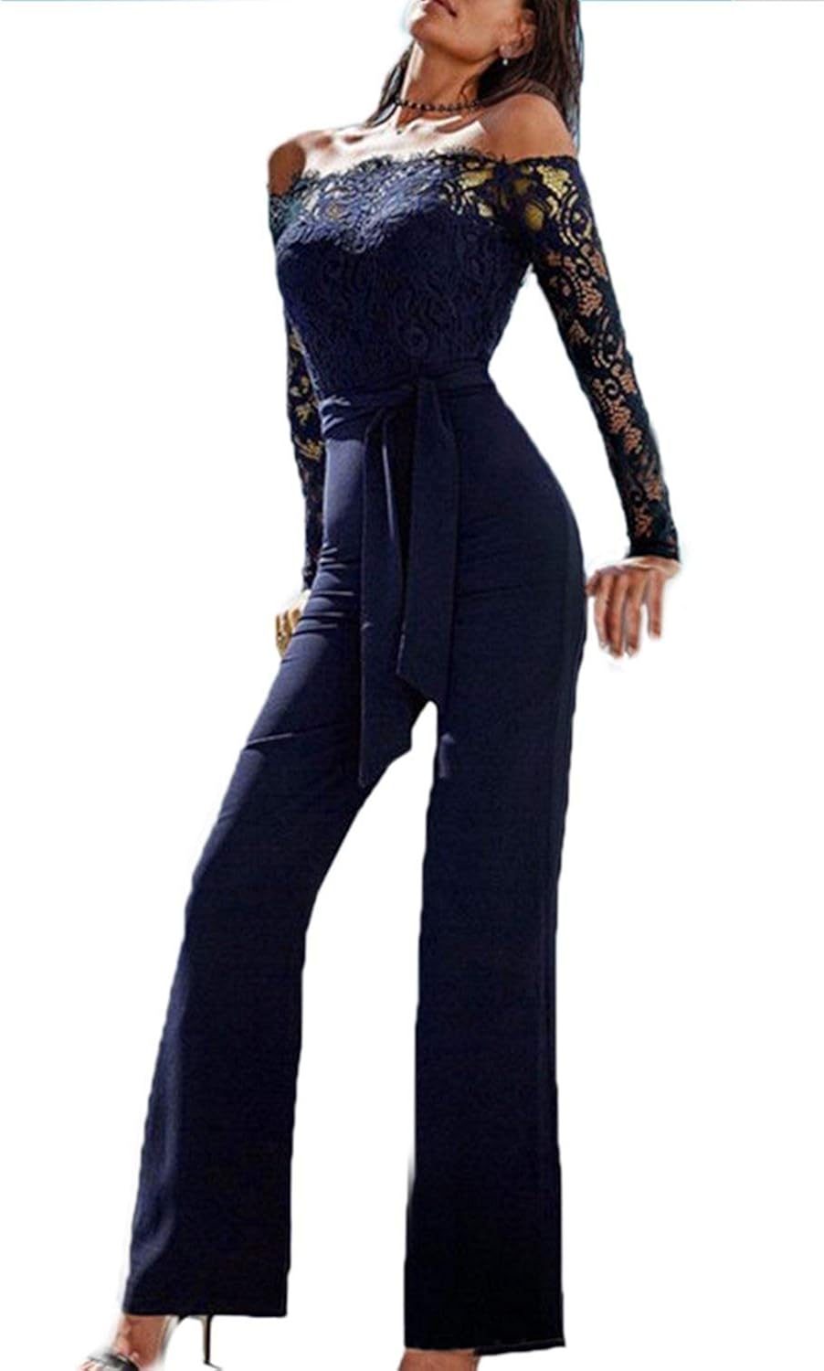Hiioo Elegant Damen Jumpsuit mit Spitze Nähte mit Schmetterlings Lang Jumpsuit Playsuit Party