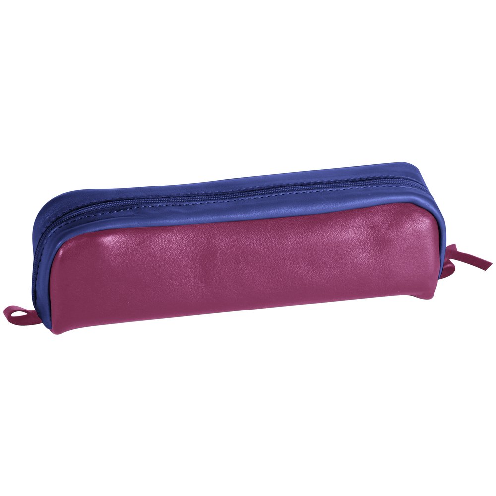 Clairefontaine - Ref 8401C - Leather Two Colour Rectangular Pencil Case - 21 x 4 x 6cm, Made From Genuine Lambskin Leather, Metal Zip With Leather Puller - Fuchsia & Blue