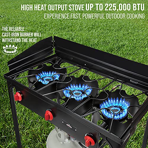Hike Crew Cast Iron 3Burner Outdoor Gas Stove 225,000 BTU Portable Propane Cooktop w/Blue