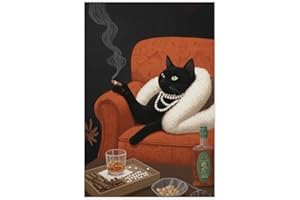 Cat Wall Art Print, Whimsical Black Cat Canvas Poster, Retro Cocktail Lounge Illustration, Funny Animal Artwork, Stylish Vint