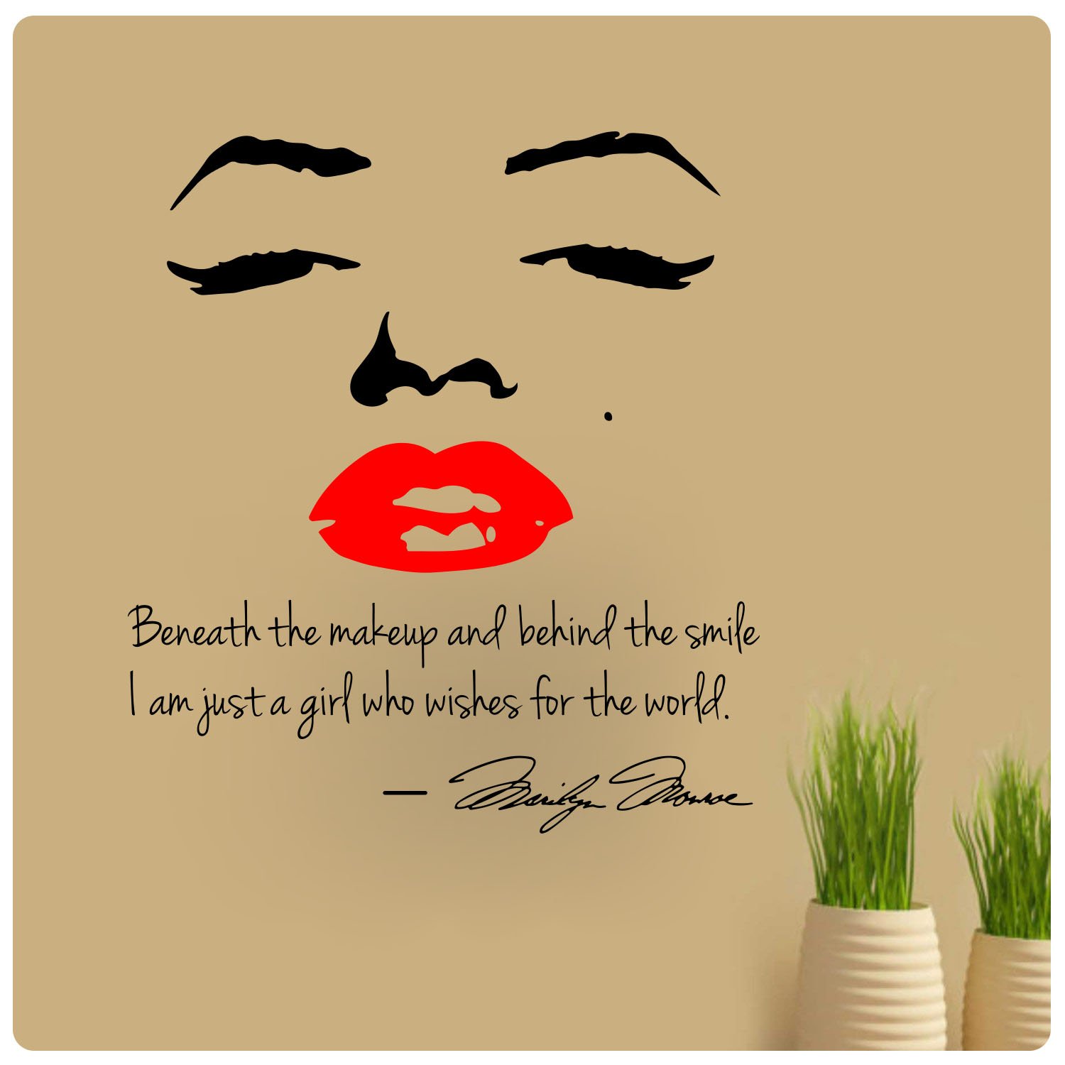 Marilyn Monroe Beneath The Makeup and Behind The Smile I Am Just a Girl Who Wishes for The World Wall Decal Sticker Red Lips Face Silhouette