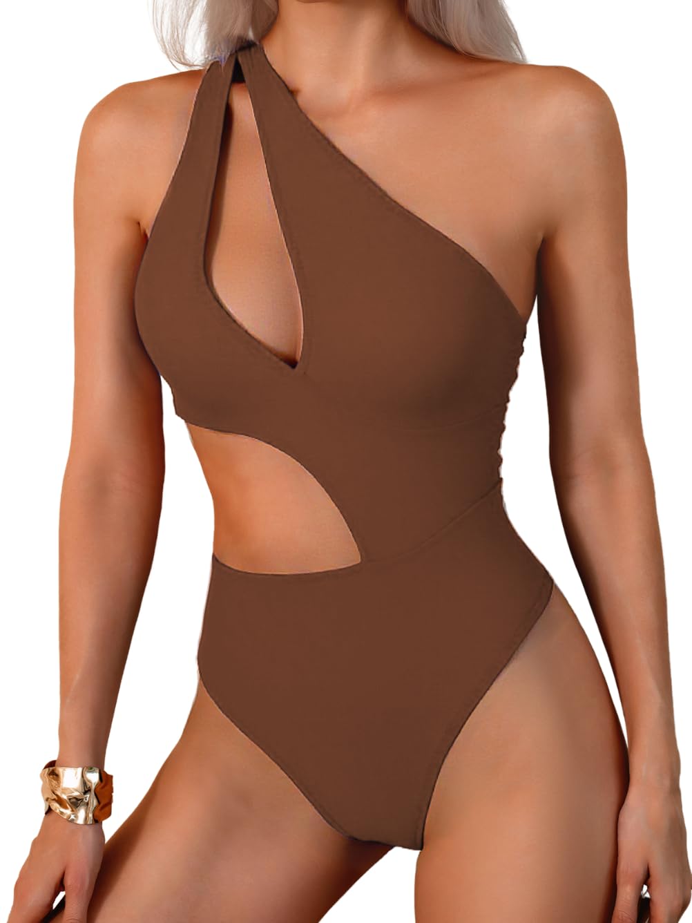 Photo 1 of EHSUYAB Sexy Womens One Piece Swimsuit, Cut Out One Shoulder Tummy Control Bathing Suit, Cheeky Monokini Vacation Pool Party Coffee Medium