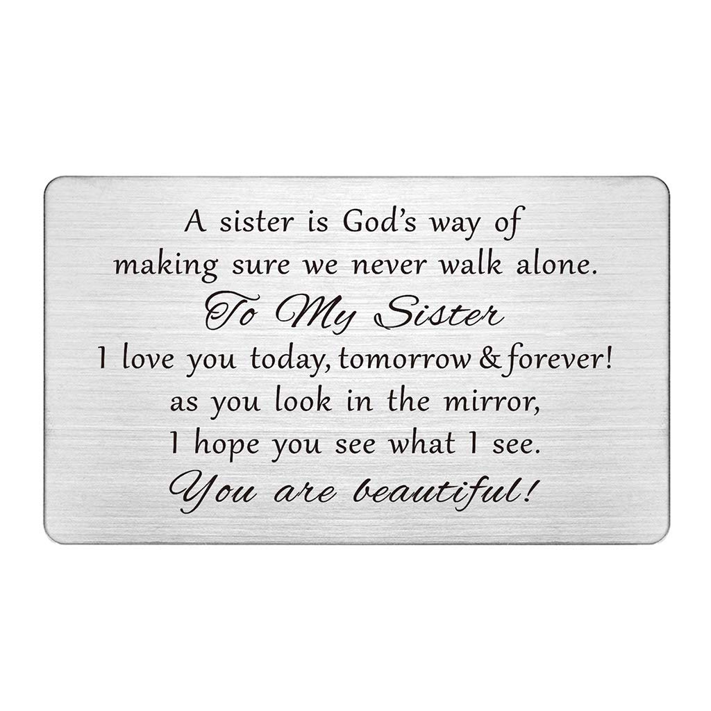 FALOGIJE Sister Gifts from Sister - Permanent Engraving Wallet Card, A Sister is God's Way of Making Sure We Never Walk Alone, Gifts for My Little Old Sister, Birthday, Mother's Day