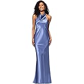 Betsy & Adam Women's Sleeveless Halter Neck Satin Sheath Gown with Back Bow Sash, Blue, 2