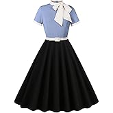 50s Style Dresses for Women Vintage Short Sleeve Tie Neck Swing Dress Midi Prom Dress with Belt