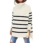 OU MgCE FAST FASHION Women's Turtleneck Oversized Sweaters Long Sleeve Split Hem Striped Knit Pullover Tops
