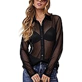 YYA Women Striped Sheer Button Up Shirt Sexy Mesh Blouse Long Sleeve See Through Tops Nightclub Nightclub S-XXL