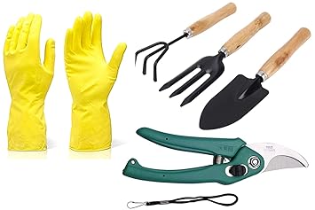 DeoDap Gardening Tools - Reusable Rubber Gloves, Flower Cutter/Scissor & Garden Tool Wooden Handle (3pcs-Hand Cultivator, Small Trowel, Garden Fork)