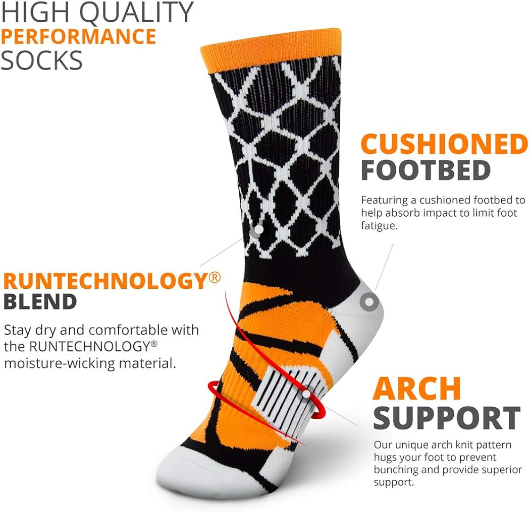 Basketball Woven Mid-Calf Socks | Hoop and Ball | Black & Orange: Clothing