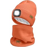 ATNKE LED Lighted Beanie Hat and Scarf Suit,USB Rechargeable 4 LED Run Headlamp Lined Fleece Cap Light for Men and Women