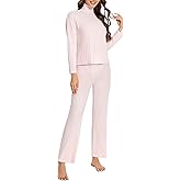 Nutria Women's Pajama Set Long Sleeve High Neck Striped Brushed Fleece Loungewear Soft 2 Piece Outfit Fall Winter D10