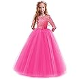 Girls Flower Vintage Floral Lace 3/4 Sleeves Floor Length Dress Wedding Party Evening Formal Pegeant Dance Gown
