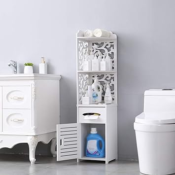 Amazon Com Goujxcy Bathroom Corner Floor Cabinet Freestanding Narrow Storage Cabinet 2 Tier Carved Organizer Shelf One Door Toilet Paper Holder Space Save White Furniture Decor