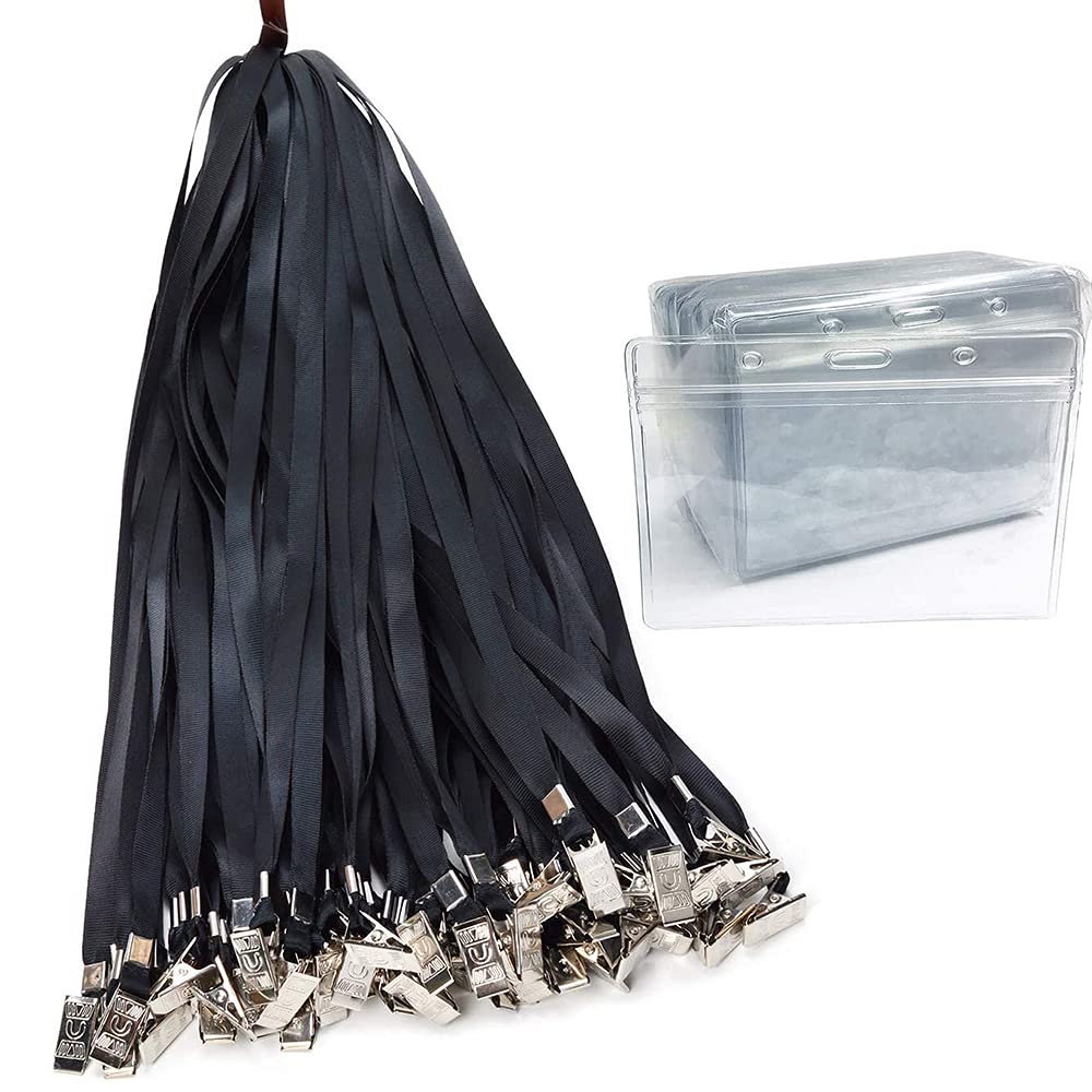 50pack Name Tags Badge Holder with Lanyard Horizontal Waterproof Plastic Id Card Holder Lanyards Nametags for desks Kids School Camp Field Business Trade Event Name Tag Lanyards Badge Holders (Black)
