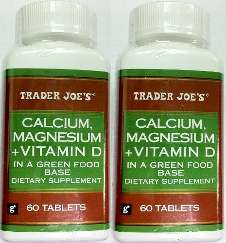 Trader Joe's Calcium Magnesium + Vitamin D in a Green Food Base 2 Bottles 60 Tablets Each Bottle Trader Joe's Calcium Magnesium + Vitamin D in a Green Food Base 2 Bottles 60 Tablets Each Bottle