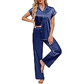 Ekouaer Womens Satin Pajamas Set Silky Two-piece Short Sleeve and Long Pants Sleepwear Button-Down Pj Sets With Pockets