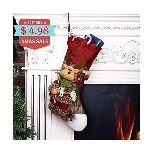Scheam Classic Christmas Stockings 3D Plush Applique Style with Faux Fur Cuff Christmas Decorations and Party Accessory