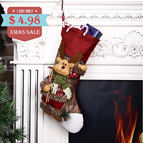 Scheam Classic Christmas Stockings 3D Plush Applique Style with Faux Fur Cuff Christmas Decorations and Party Accessory (Reindeer)