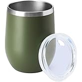 HASLE OUTFITTERS 12oz Wine Tumbler with Lid Stemless Wine Glasses Double Wall Vacuum Travel Mugs stainless steel Coffee Cup for Cold & Hot Drinks Wine Coffee Cocktails Beer 1 Pack Army Green