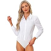 Allegra K Work Body Suits for Women Office Button Down Shirt Collared Long Sleeves Bodysuit Top