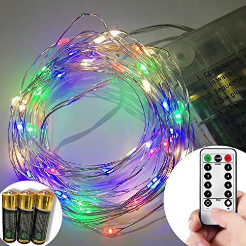 Qicai H Outdoor String Lights Battery Powered with Remote(Timing,Flicker light), Dimmable LED Starry String Lights for Bedroom Party Christmas Tree Decorations(50 LEDs,16 ft,Silver Wire,Multi-colored)