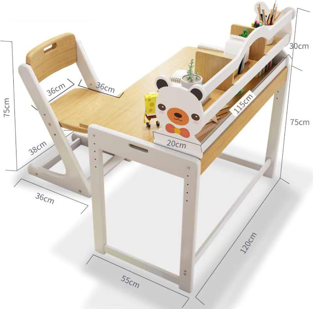 Yjzy Kids Desk and Chair Set,Can Be Raised and Lowered Solid Wood Children's Study Desk and Chair,Multifunctional Table and Chair with Shelves and Drawers/D/As Shown