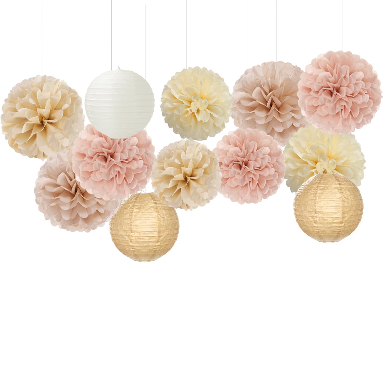 Champagne-Gold White Party-Decorations Paper-Flowers Lanterns - 15PCS Boho Fall Rustic Tissue Pom Poms Streamers,Wedding Baby Bridal Shower Neutral Autumn Birthday Hanging Supplies Decor Hugfond