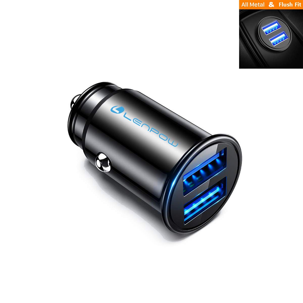 LENPOW Car Charger 4.8A 24W Aluminum Alloy Car Charger All Metal Adapter Dual USB Port Smart Fast Car Charging Mini Flush Fit Phone XS Max XR 8 7 6 Plus iPad Pro Air Mini Galaxy S9 S8 Note LG HTC